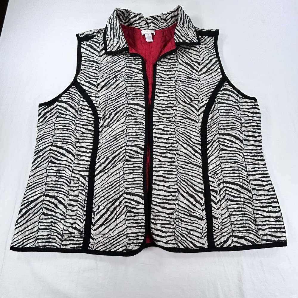 Chico's Women's Quilted XL Zebra Red Sz 3 Animal Print Vest Pockets Casual